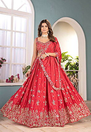 Embroidered Chinon Chiffon Lehenga in Red