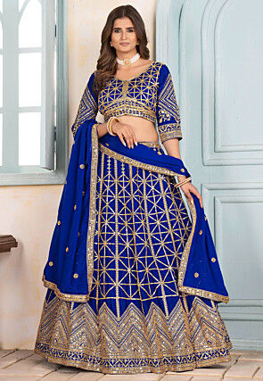 Embroidered Chinon Chiffon Lehenga in Royal Blue
