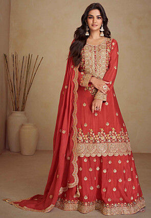 Embroidered Chinon Chiffon Lehenga in Rust