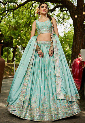 Embroidered Chinon Chiffon Lehenga in Sea Green