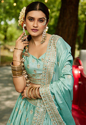 Embroidered Chinon Chiffon Lehenga in Sea Green