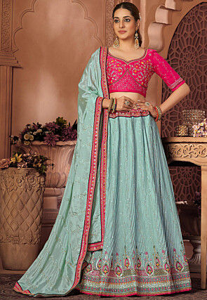 Buy Pink Ethnic Sea Green Floral Semi-Stitched Lehenga & Unstitched Blouse  with Dupatta (Set of 3) online