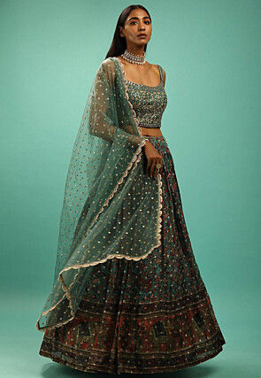 Embroidered Chinon Chiffon Lehenga in Sea Green