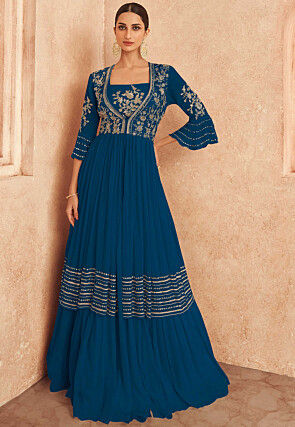 Embroidered Chinon Chiffon Lehenga in Teal Blue