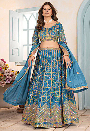 Embroidered Chinon Chiffon Lehenga in Teal Blue