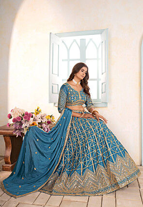 Embroidered Chinon Chiffon Lehenga in Teal Blue