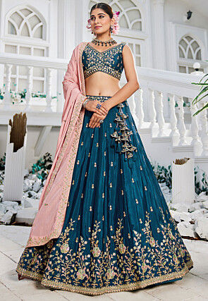 Embroidered Chinon Chiffon Lehenga in Teal Blue