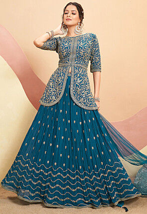 embroidered chinon chiffon lehenga in teal blue v1 lyc2954