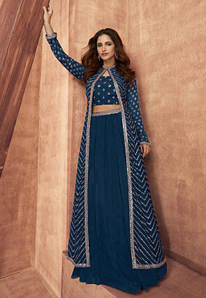 Embroidered Chinon Chiffon Lehenga in Teal Blue