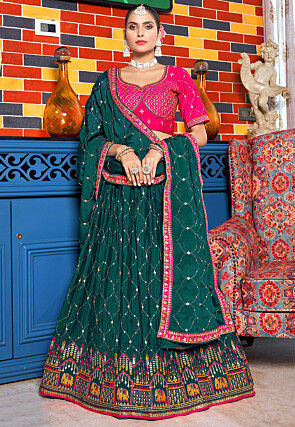 Embroidered Chinon Chiffon Lehenga in Teal Green