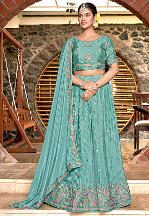 Embroidered Chinon Chiffon Lehenga in Turquoise