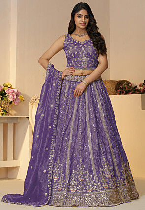 Embroidered Chinon Chiffon Lehenga in Turquoise