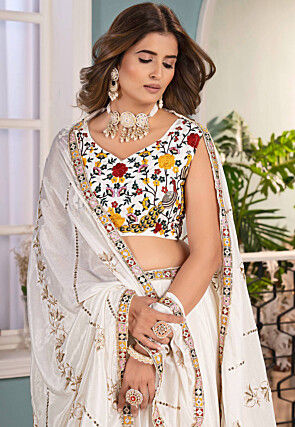 Embroidered Chinon Chiffon Lehenga in White