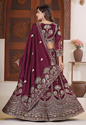 Embroidered Chinon Chiffon Lehenga in Wine