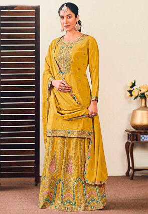 Embroidered Chinon Chiffon Lehenga in Yellow