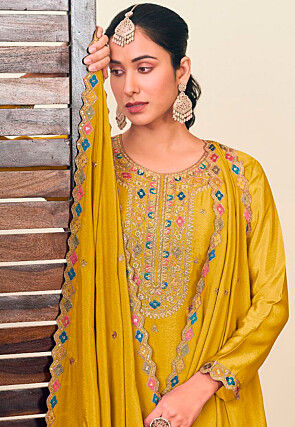 Embroidered Chinon Chiffon Lehenga in Yellow