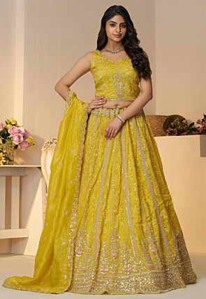 Embroidered Chinon Chiffon Lehenga in Yellow
