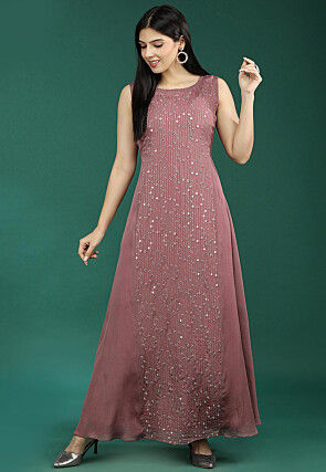 Embroidered Chinon Chiffon Long Flared Dress in Pink