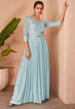 Embroidered Chinon Chiffon Long Gown in Sky Blue