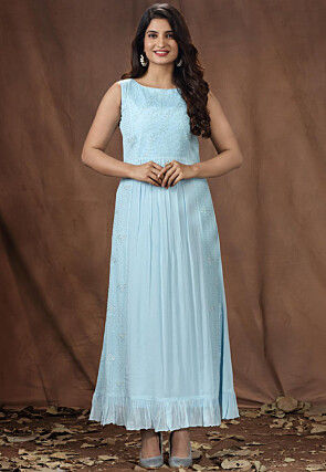 Embroidered Chinon Chiffon Long Tiered Dress in Light Blue