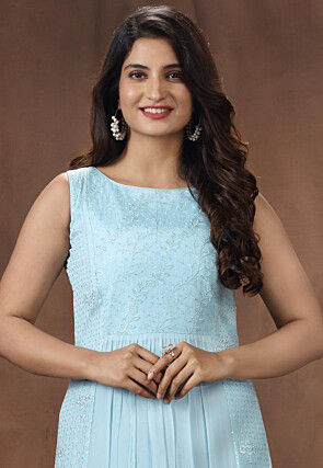 Embroidered Chinon Chiffon Long Tiered Dress in Light Blue