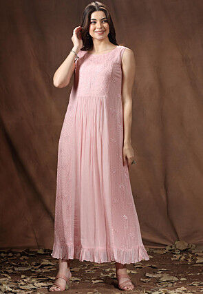 Embroidered Chinon Chiffon Long Tiered Dress in Pink