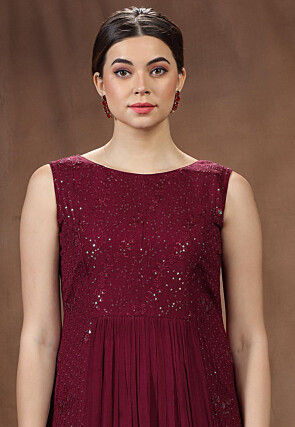 Embroidered Chinon Chiffon Long Tiered Dress in Wine