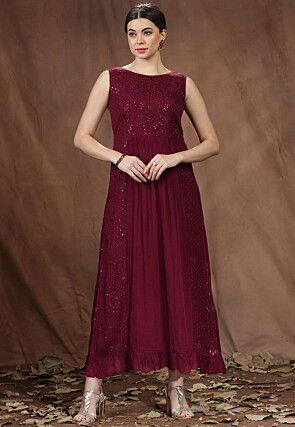 Embroidered Chinon Chiffon Long Tiered Dress in Wine