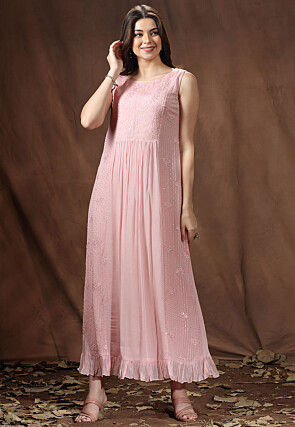 Embroidered Chinon Chiffon Maxi Dress in Pink