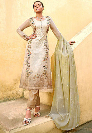 Embroidered Chinon Chiffon Pakistani Suit in Beige