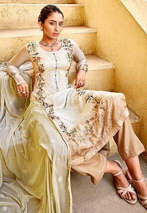 Embroidered Chinon Chiffon Pakistani Suit in Beige