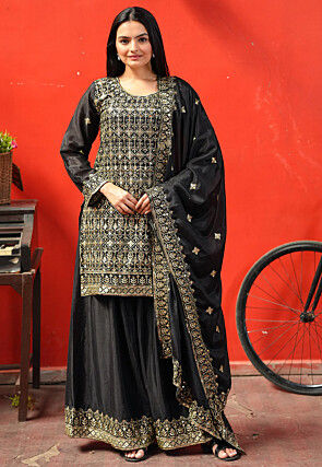 Embroidered Chinon Chiffon Pakistani Suit in Black