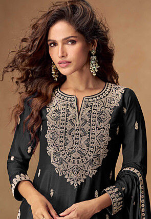 Embroidered Chinon Chiffon Pakistani Suit in Black