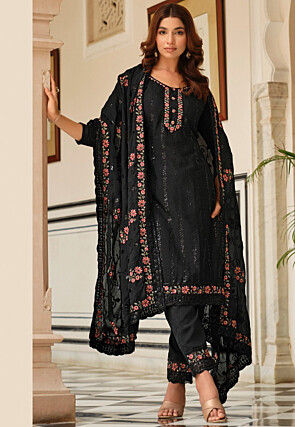 Black Chinnon Chiffon Embroidered Festive Salwar Suit