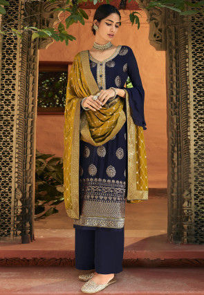 Embroidered Chinon Chiffon Pakistani Suit in Dark Blue