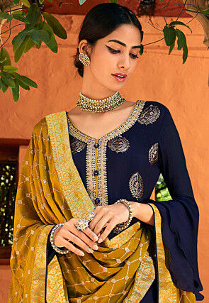 Embroidered Chinon Chiffon Pakistani Suit in Dark Blue