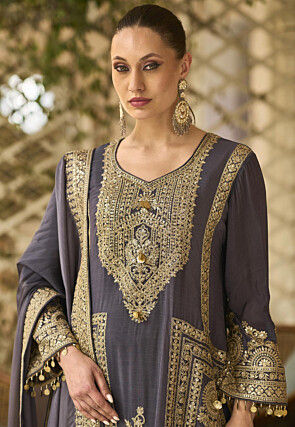Embroidered Chinon Chiffon Pakistani Suit in Dark Grey
