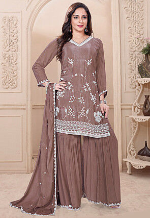 Embroidered Chinon Chiffon Pakistani Suit in Dark Old Rose