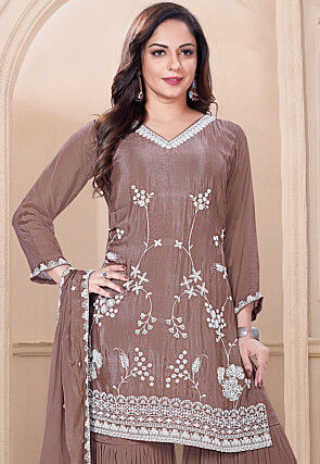 Embroidered Chinon Chiffon Pakistani Suit in Dark Old Rose
