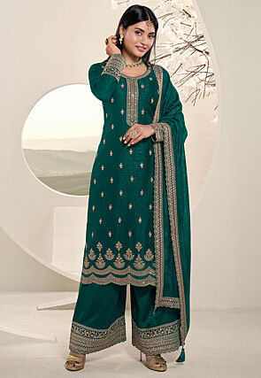 Embroidered Chinon Chiffon Pakistani Suit in Dark Teal Green
