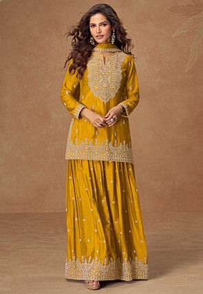 Embroidered Chinon Chiffon Pakistani Suit in Mustard