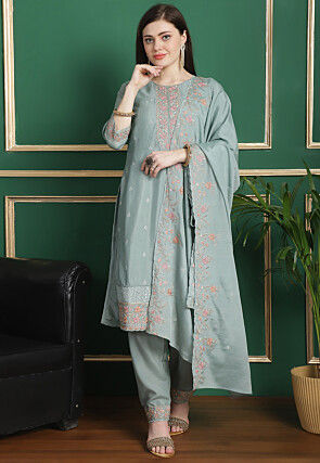Embroidered Chinon Chiffon Pakistani Suit in Dusty Blue