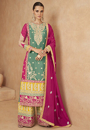 Embroidered Chinon Chiffon Pakistani Suit in Dusty Green