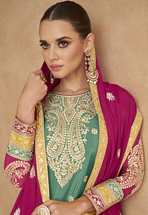 Embroidered Chinon Chiffon Pakistani Suit in Dusty Green