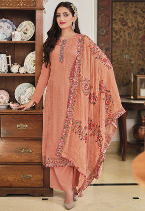 Embroidered Chinon Chiffon Pakistani Suit in Dusty Peach