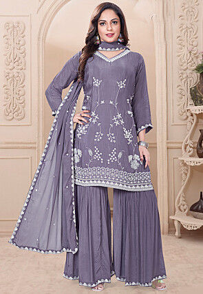 Embroidered Chinon Chiffon Pakistani Suit in Dusty Purple