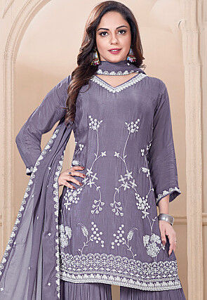 Embroidered Chinon Chiffon Pakistani Suit in Dusty Purple