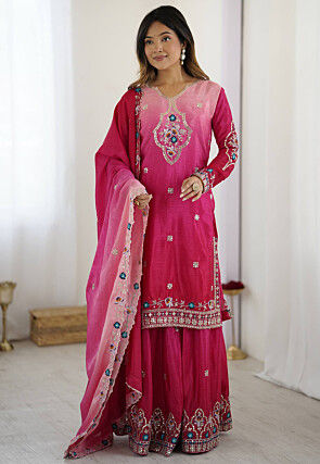 Embroidered Chinon Chiffon Pakistani Suit in Fuchsia Ombre