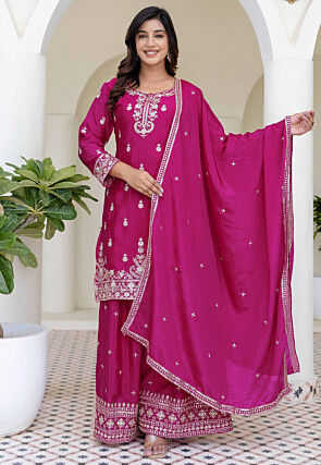 Embroidered Chinon Chiffon Pakistani Suit in Fuchsia