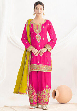 Embroidered Chinon Chiffon Pakistani Suit in Fuchsia